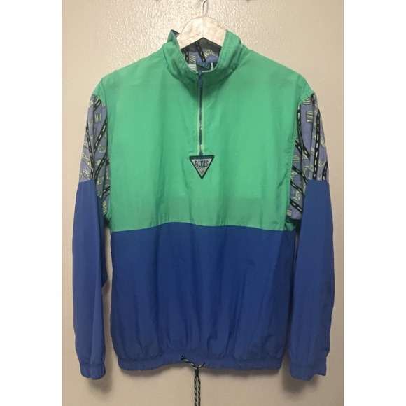 Vtg California Blues 1/4 Zip Jacket Windbreaker Retro 80s Blue Green Men's Sz L - Picture 1 of 11